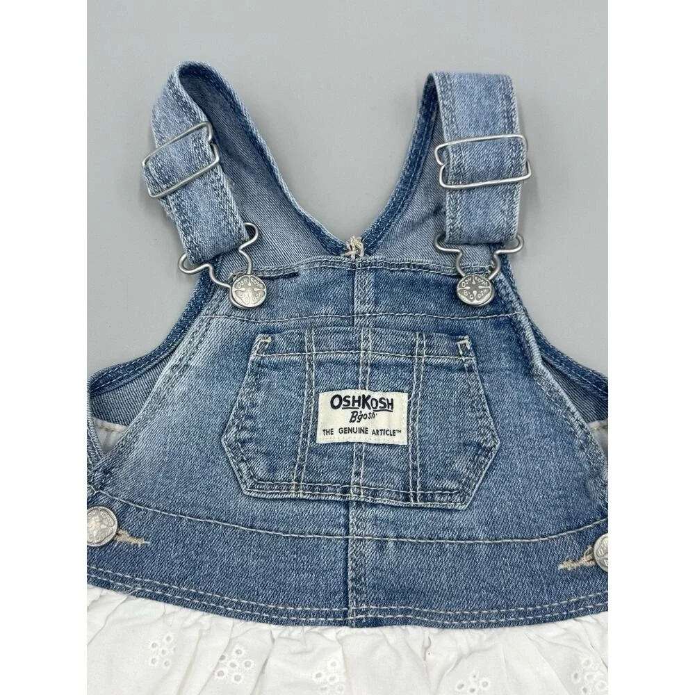 OshKosh B'gosh Baby Girl Denim Overall Dress Eyelet Skirt 6M